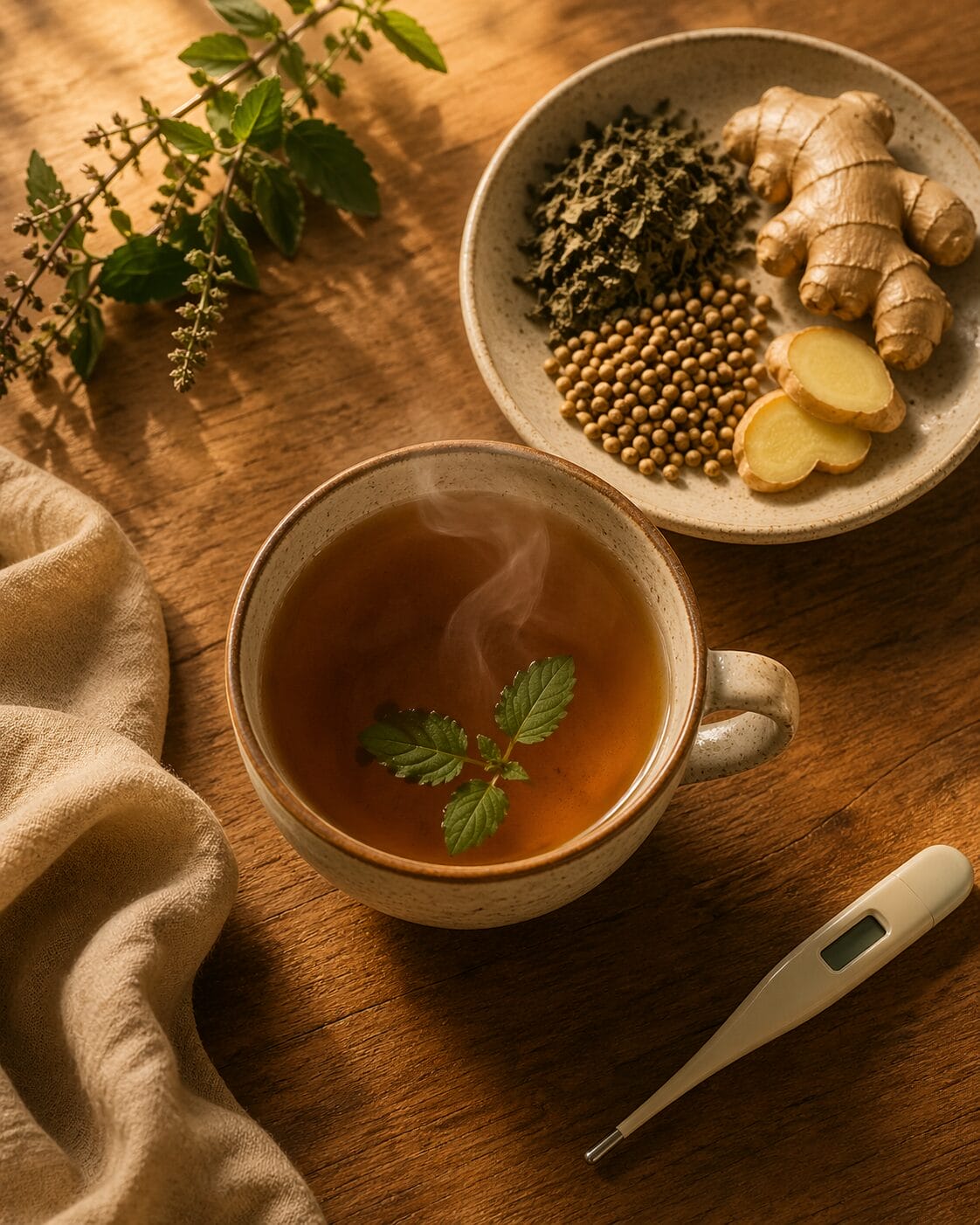 photo of wooden table with cup of herbal tea, thermometer, plate of dried herbs and fresh ginger, and a cotton cloth.
