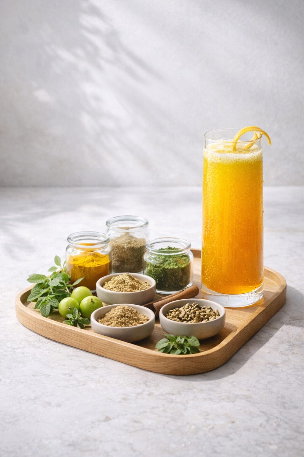 photo of a tray of ayurvedic herbs, and fresh juice. minimalistic background, on light granite counter with natural light streaming in.