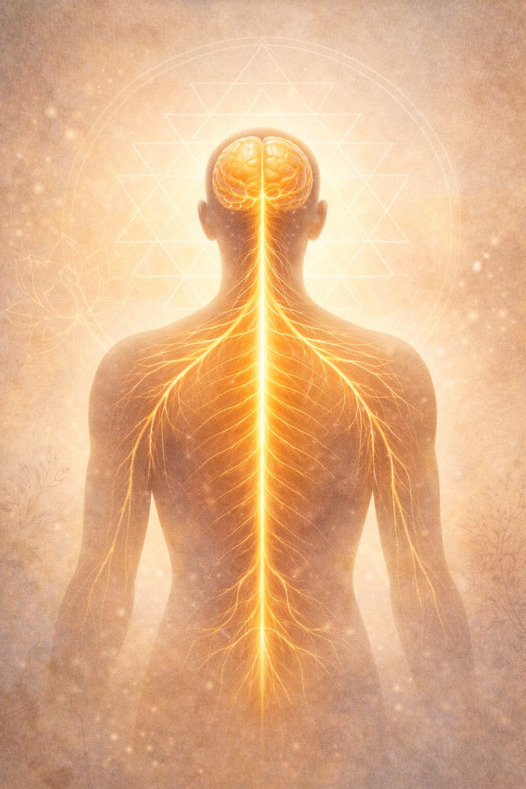 Illustration of the human nervous system symbolizing Ayurvedic and modern medical perspectives on nerve irritability and mind-body healing.