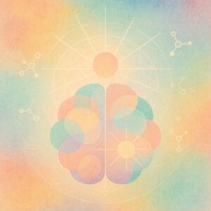 An abstract representation of a brain viewed top-down, formed by soft, overlapping pastel circles and geometric forms, placed at the center. Radiating lines from a pastel orb suggest consciousness, intersecting softly layered circles. Light molecular structures float subtly around the main shape. Background is a muted, colorful canvas with faint yantra-inspired geometry in white. Gentle shadows under the forms. Lighting is ambient and diffused from above.