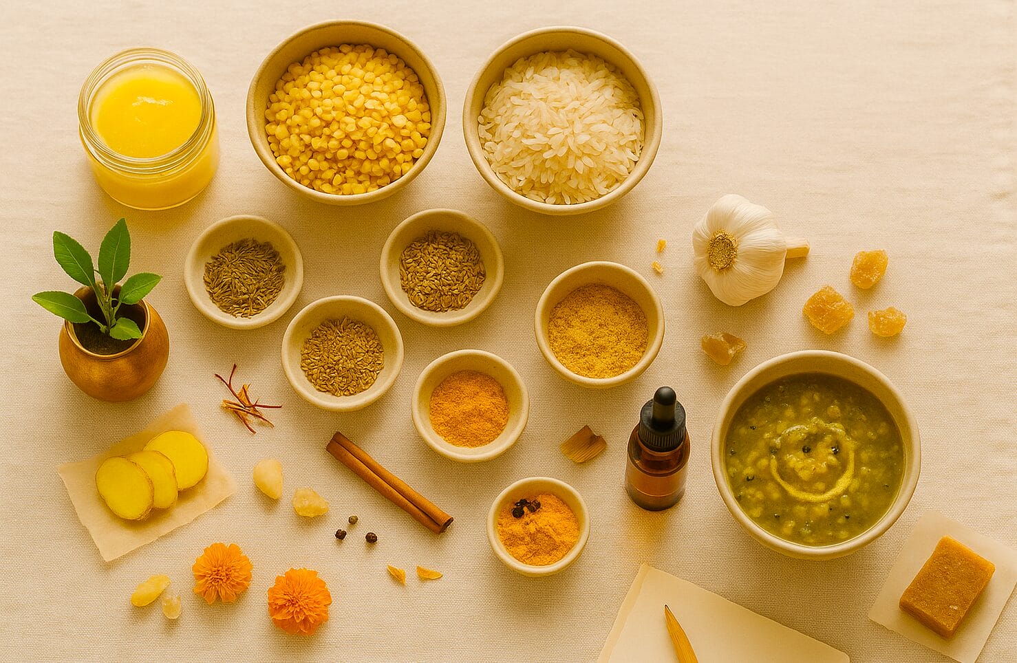 Ayurvedic postpartum pantry photo showing ghee, split moong, basmati rice, ajwain, fenugreek, turmeric, black pepper, cinnamon, saffron, ginger, garlic, jaggery, garden cress seeds, gond, sesame oil, and the three recipes — ajwain kadha drink, green moong soup, and a small piece of badam pak.