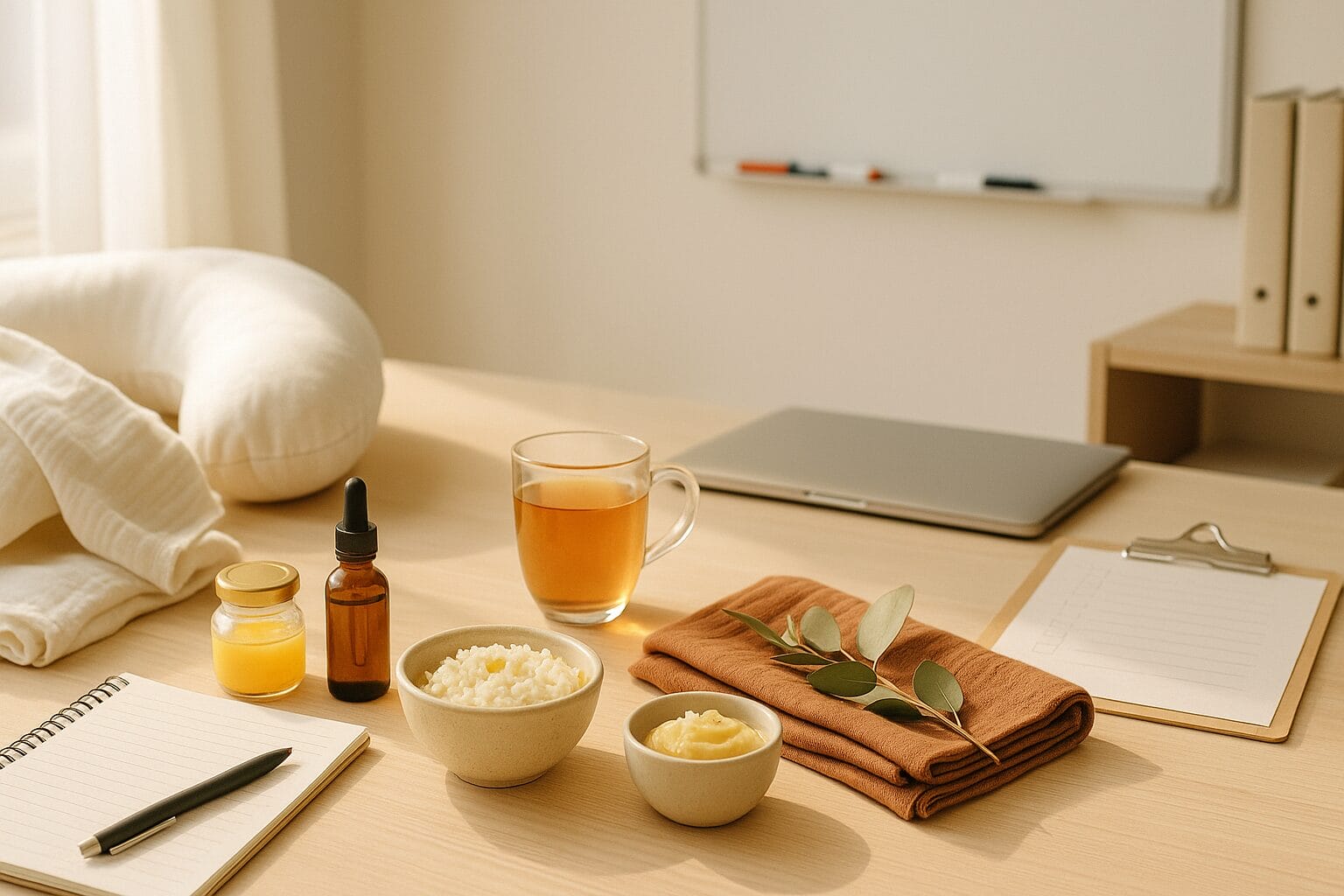 display of classroom with postpartum care food and tea, and a neck pillow, and towel. includes study materials including a computer and notebook.