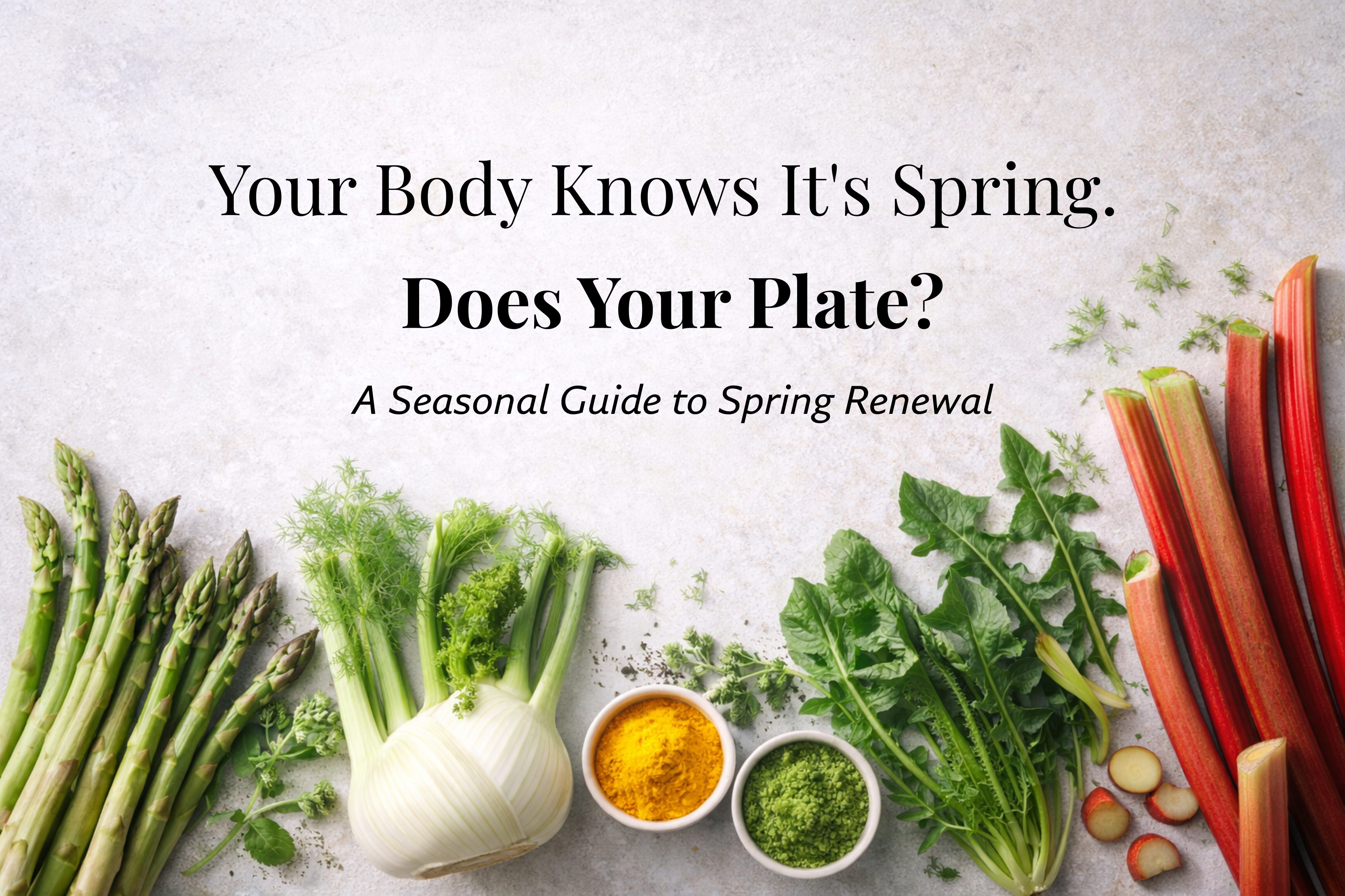 A realistic bright flat-lay food photograph of fresh spring vegetables and herbs arranged along the bottom and lower sides, leaving abundant clean negative space at the top for a title overlay. Vibrant asparagus spears, dandelion greens, fennel bulbs with fronds, and rhubarb stalks with a few sliced rounds, on a pale light-stone surface. Minimal styling: a few water droplets, subtle soil flecks, and a light scattering of fennel fronds for freshness.