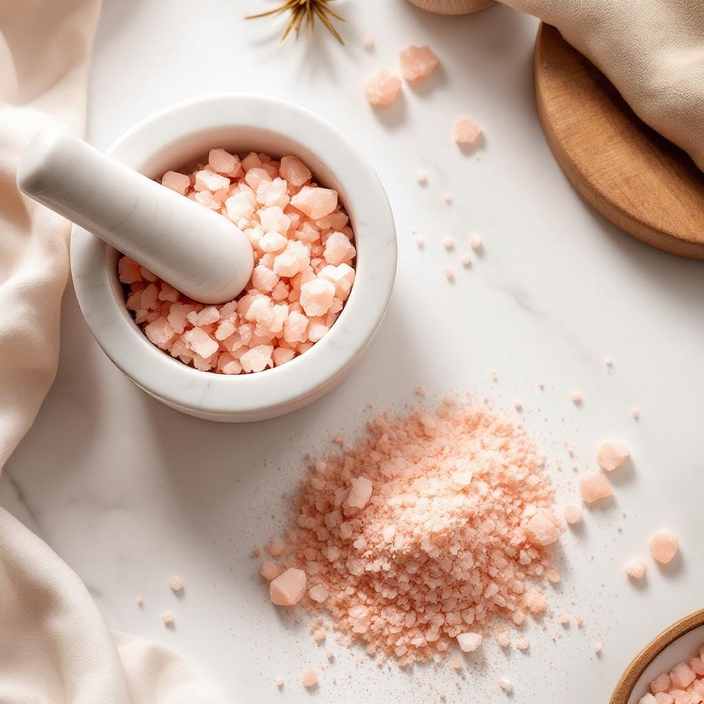 top-down image of light neutral colored kitchen countertop, with a mortar & pestle filled with whole pink rock salt, and ground pink salt spilled onto the marble counter.