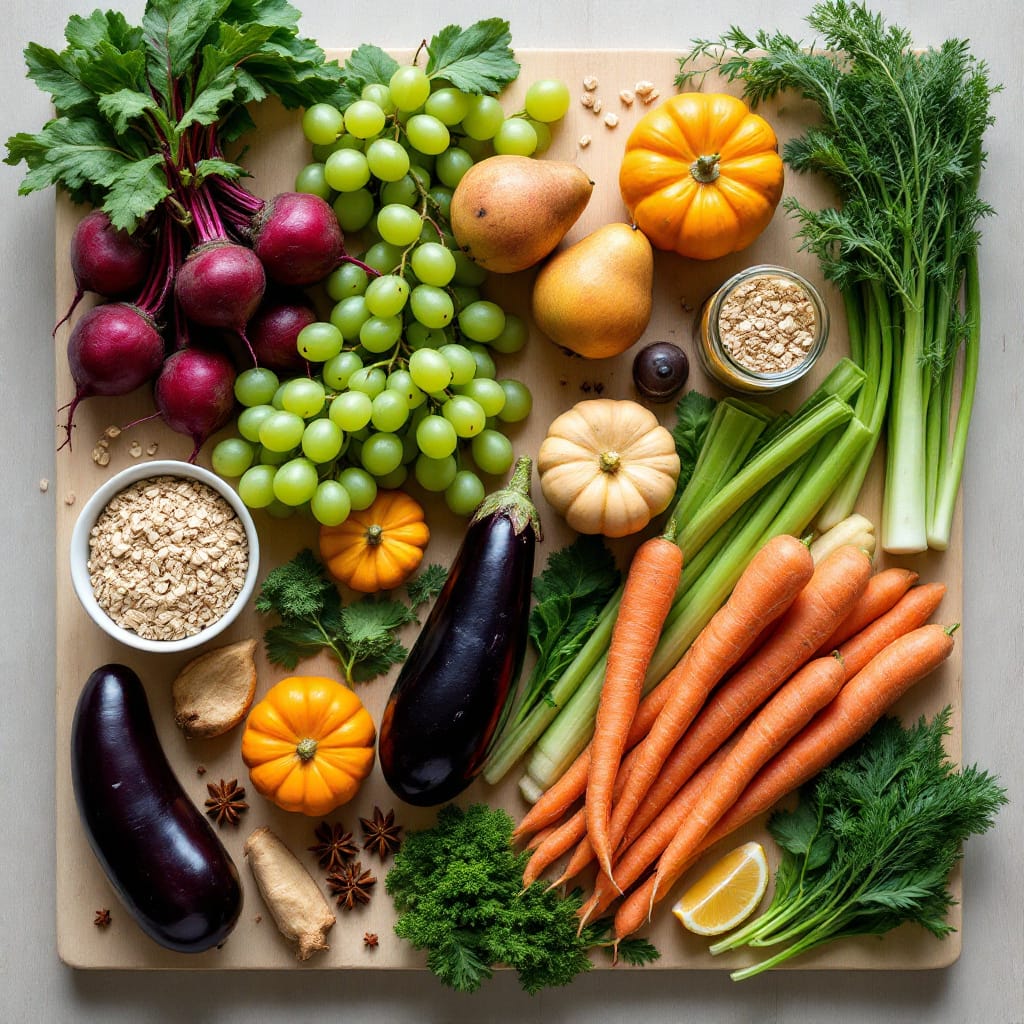 An overhead shot of a styled food arrangement on a pale wooden board The setup includes distinct groupings of various items a vibrant cluster of deep-red beets with their greens, a bunch of plump green grapes