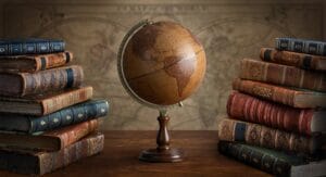 an old geographical globe surrounded by stacks of books and in the background an old map
